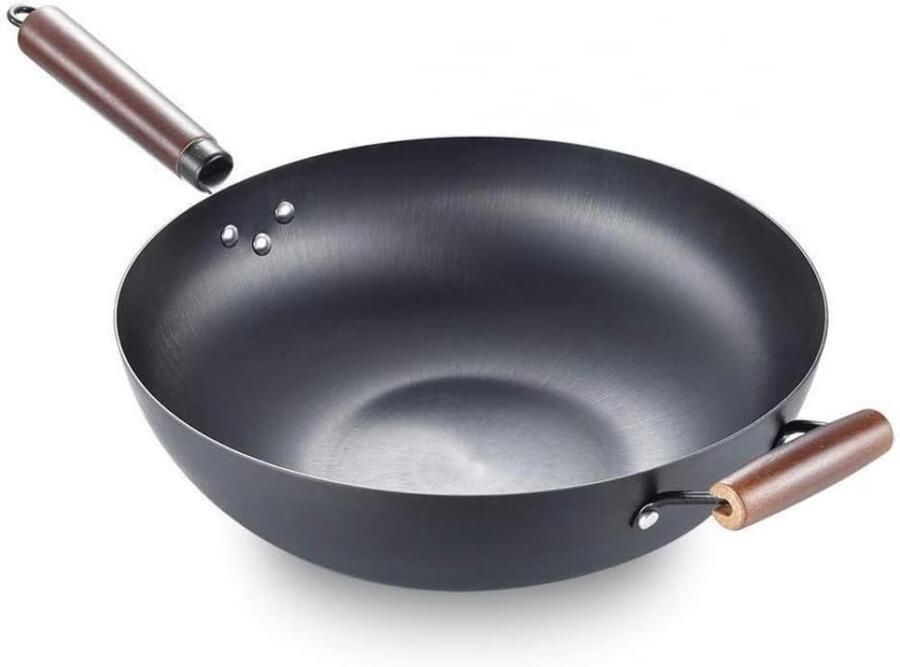 Wok van Koolstofstaal Roerbakpan Koekenpan Professioneel Koken Traditioneel Handgehamerd 32 cm Zwart