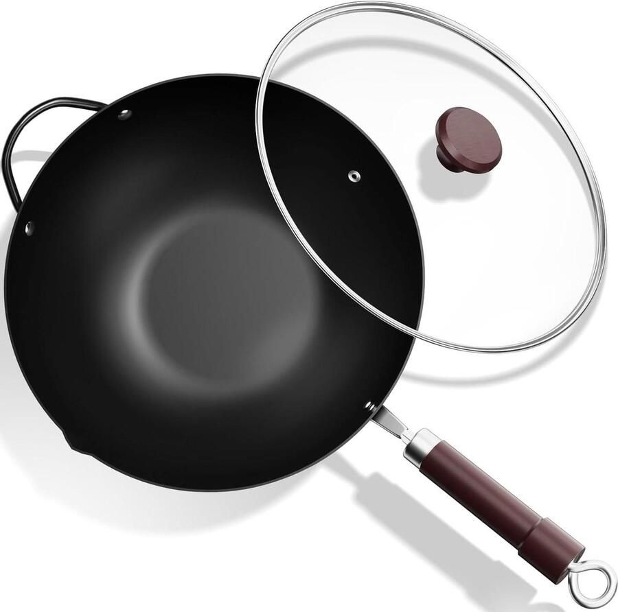 Wok van staal Roerbakpan deksel Aziatisch koken Platte bodem 126 Liter Zwart