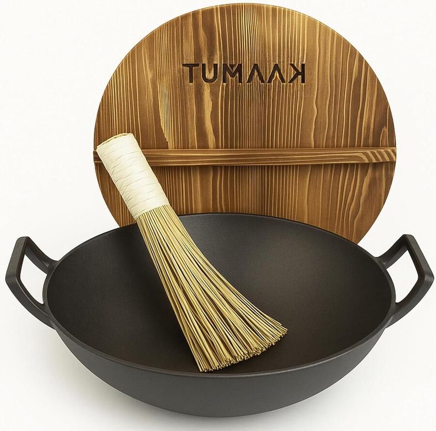 Wok Wadjan Gietijzer Wokpan Roerbakpan Authentiek Koken Dikke Wand 36 cm Zwart