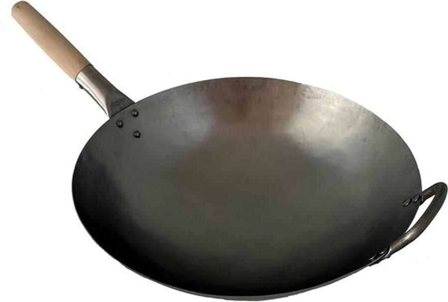 Wokpan Carbon Staal Oosterse Wok Aziatisch Koken Handgeslagen Rond Bodem 40 cm Zilver