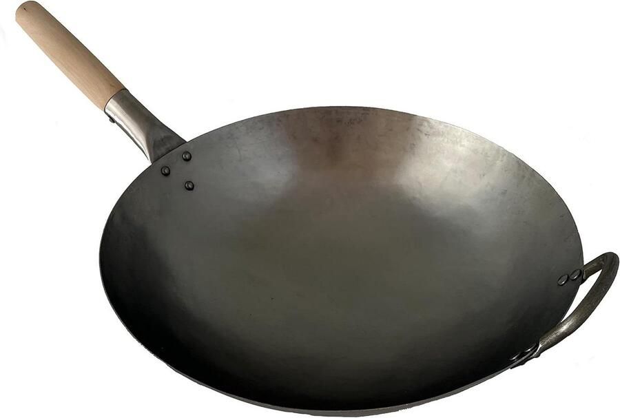 Wokpan Carbon Staal Oosterse Wok Aziatisch Koken Handgeslagen Rond Bodem 40 cm Zilver