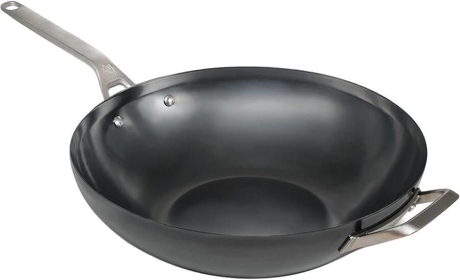 Wokpan Carbon Steel Koekenpan Wok Roerbakken en Koken PFAS-vrij 35 cm Zwart