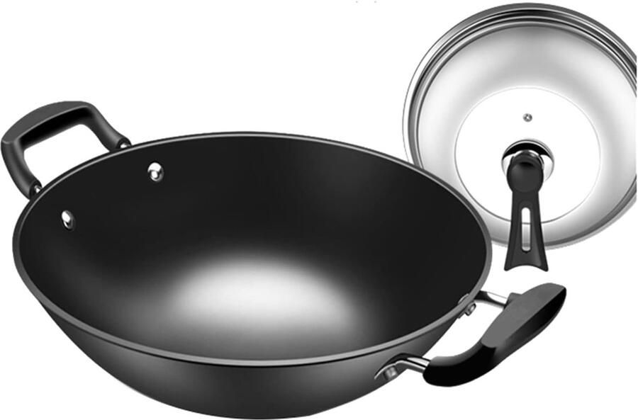 Wokpan Dubbel Oor Huishoudelijke Wok Buiten Koken Handgepolijst IJzer 38 cm Diameter
