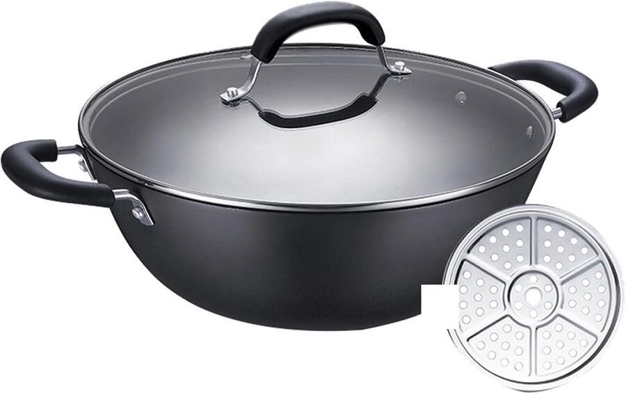 Wokpan Gietijzer Koekenpan met deksel Lekker Koken Handgegoten en ongecoat 34 cm Zwart
