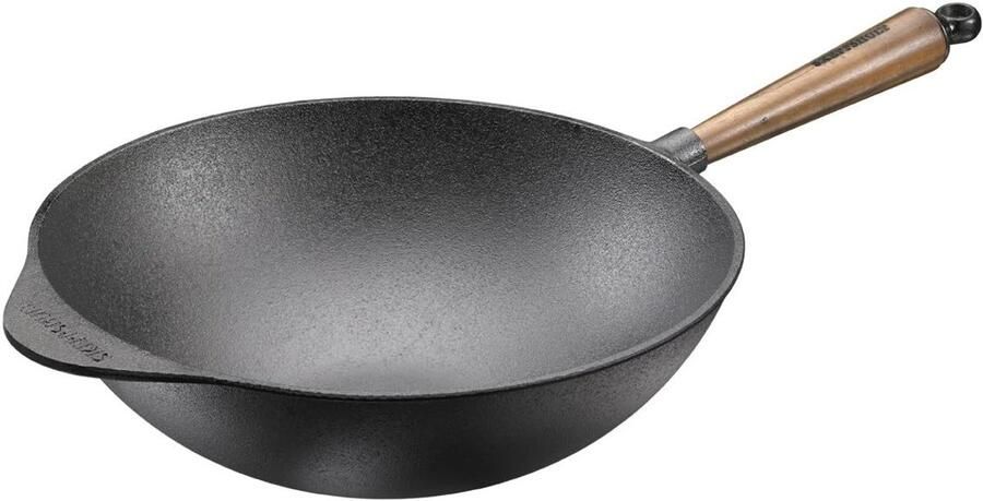 Wokpan Gietijzer Roerbakpan Lekker Koken Walnoot Houten Handvat 32 cm Zwart