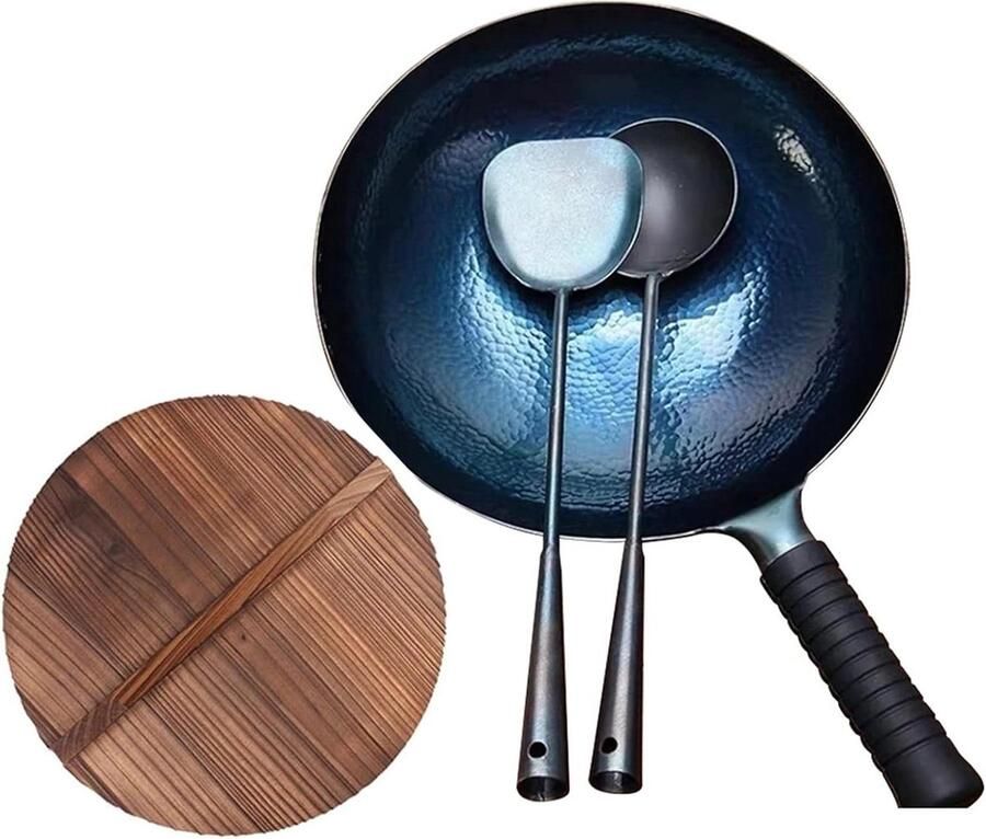 Wokpan Handgesmeed IJzer Roerbakpan Gietijzer Gezond Koken Natuurlijke Antiaanbaklaag 30 cm Zwart