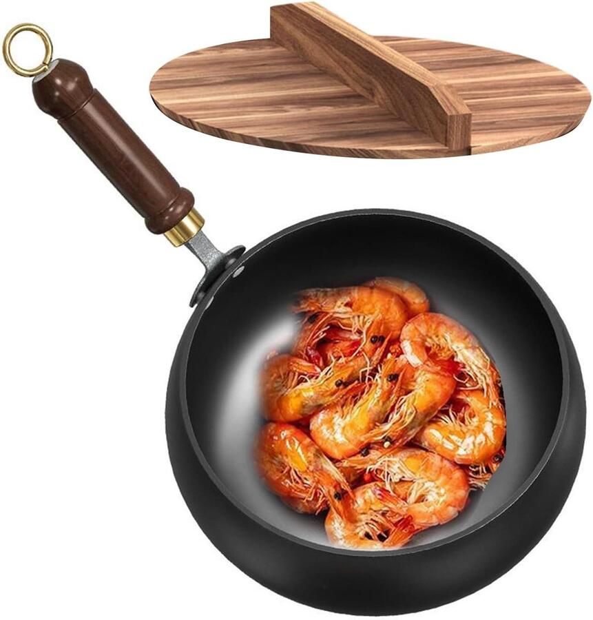 Wokpan ijzer Koekenpan Roerbakken en koken Handgesmeed 24 cm Zwart