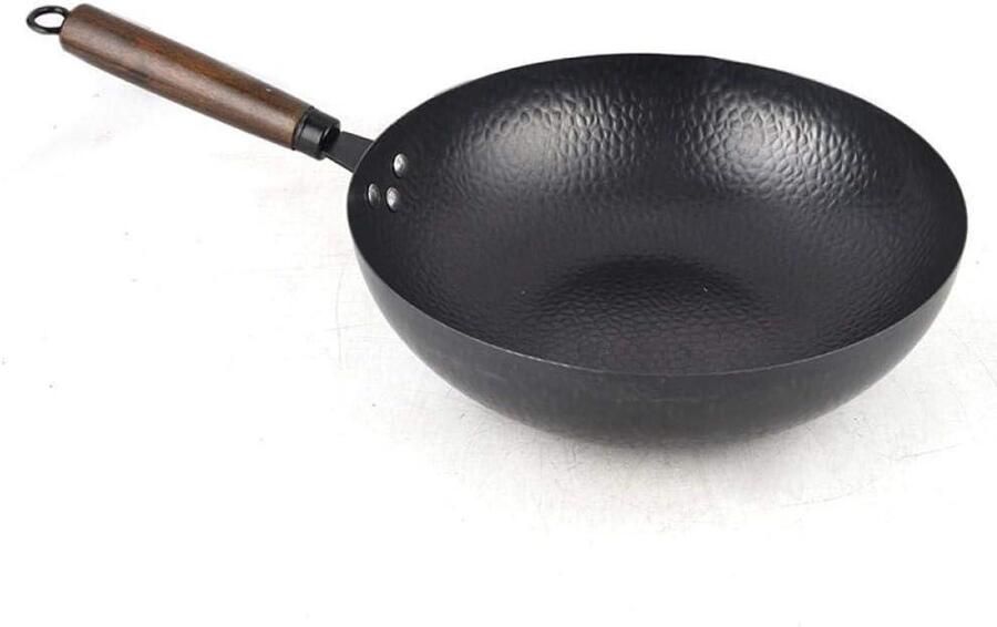 Wokpan Inductie Roerbakpan Koolstofstaal Gezond Koken Afneembaar Houten Handvat 32 cm Zwart