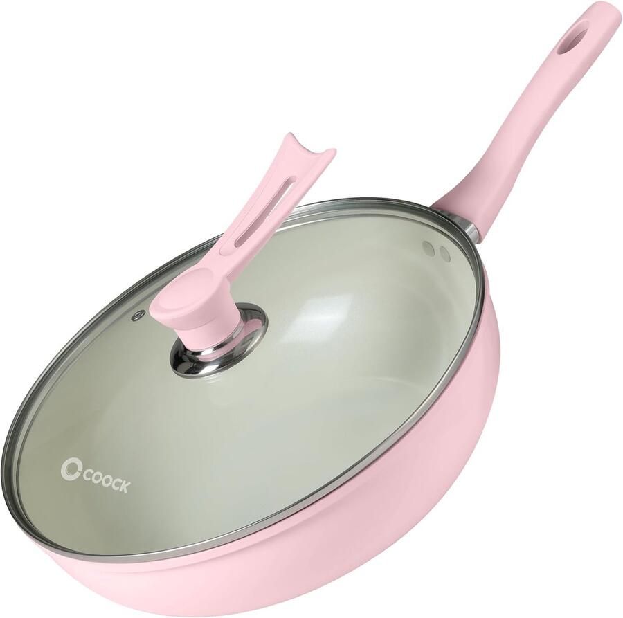 Wokpan Inductie Roerbakpan Snel Koken Keramische Anti-Aanbaklaag 32cm Diameter Roze Wit