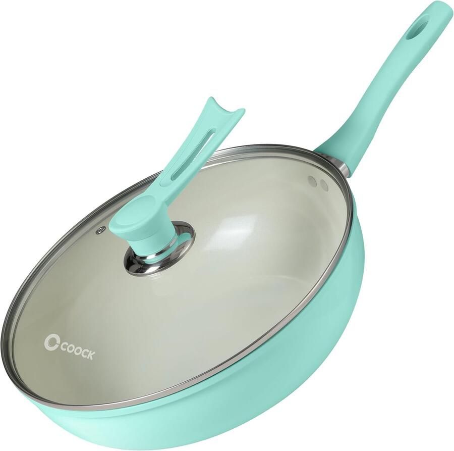 Wokpan Inductie Roerbakpan Snel Koken Keramische Anti-aanbaklaag 32cm Diameter Turkoois Wit