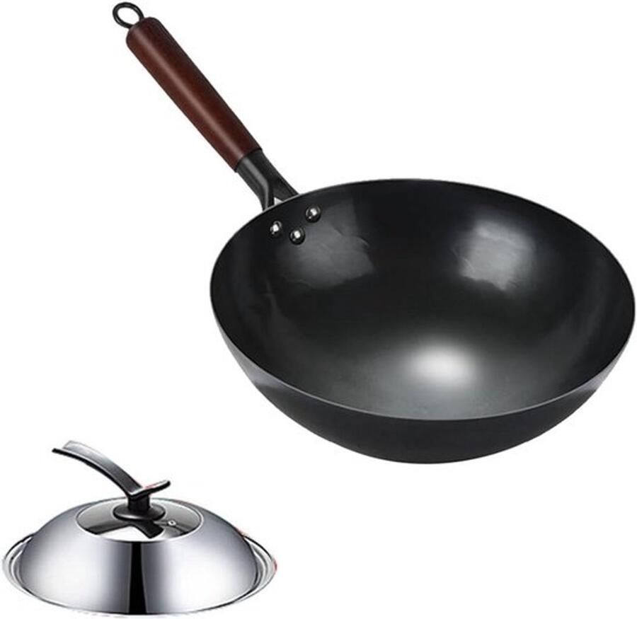 Wokpan Koekenpan Aziatisch Koken Zonder Chemische Coating 32 cm Zwart