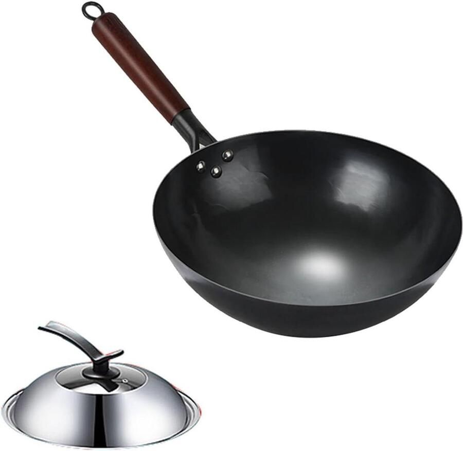 Wokpan Koekenpan Aziatisch Koken Zonder Chemische Coating 32 cm Zwart