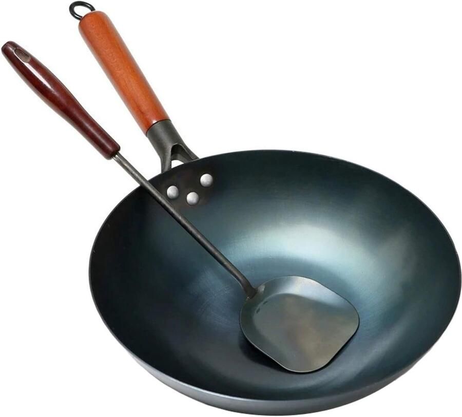 Wokpan Koekenpan Rond Aziatisch Koken Handgemaakt Koolstofstaal 32 cm Blauw