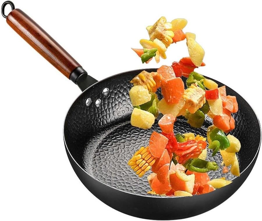 Wokpan Kookpan Antiaanbak Natuurlijk Koken Handgesmeed IJzer 24 cm Zwart