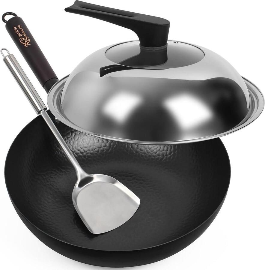 Wokpan Koolstofstaal Chinese pan Authentiek Koken Platte bodem ontwerp 34 cm 7 liter Zwart