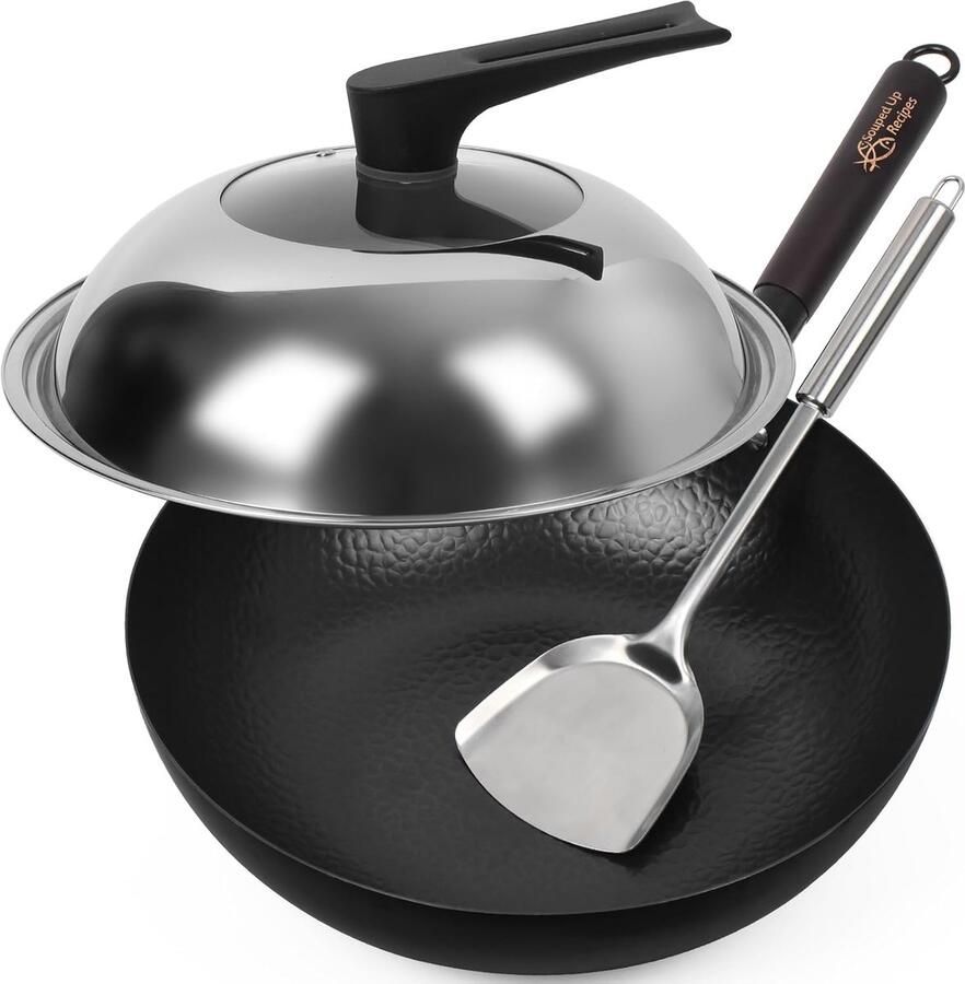 Wokpan Koolstofstaal Chinese pan Roerbakpan Authentiek Koken Voorgekruid Antiaanbak 34 cm Zwart
