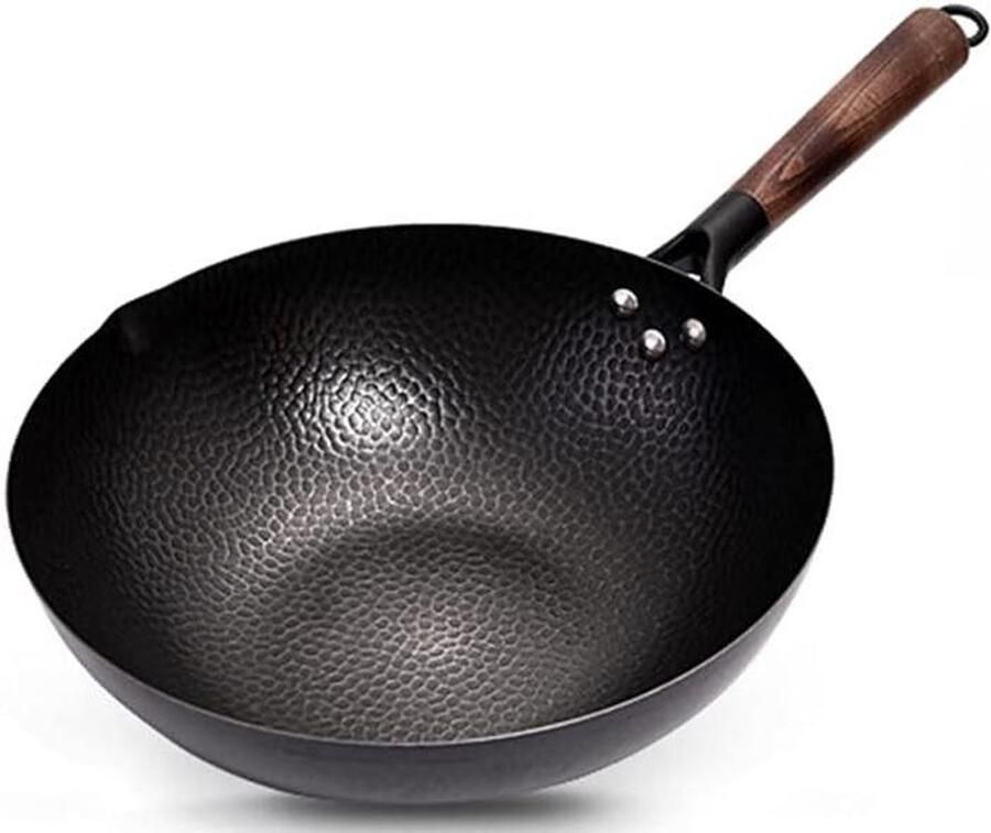 Wokpan Koolstofstaal Chinese Wok Ijzeren Pan Koken op Inductie Gehamerd Ontwerp 32 cm Zwart