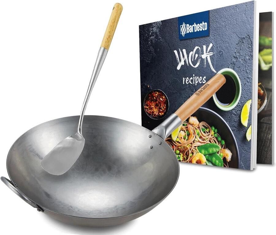 Wokpan Koolstofstaal Koekenpan Grillpan Aziatisch Koken Handgehamerd Glad Ontwerp 34 36 cm Zwart