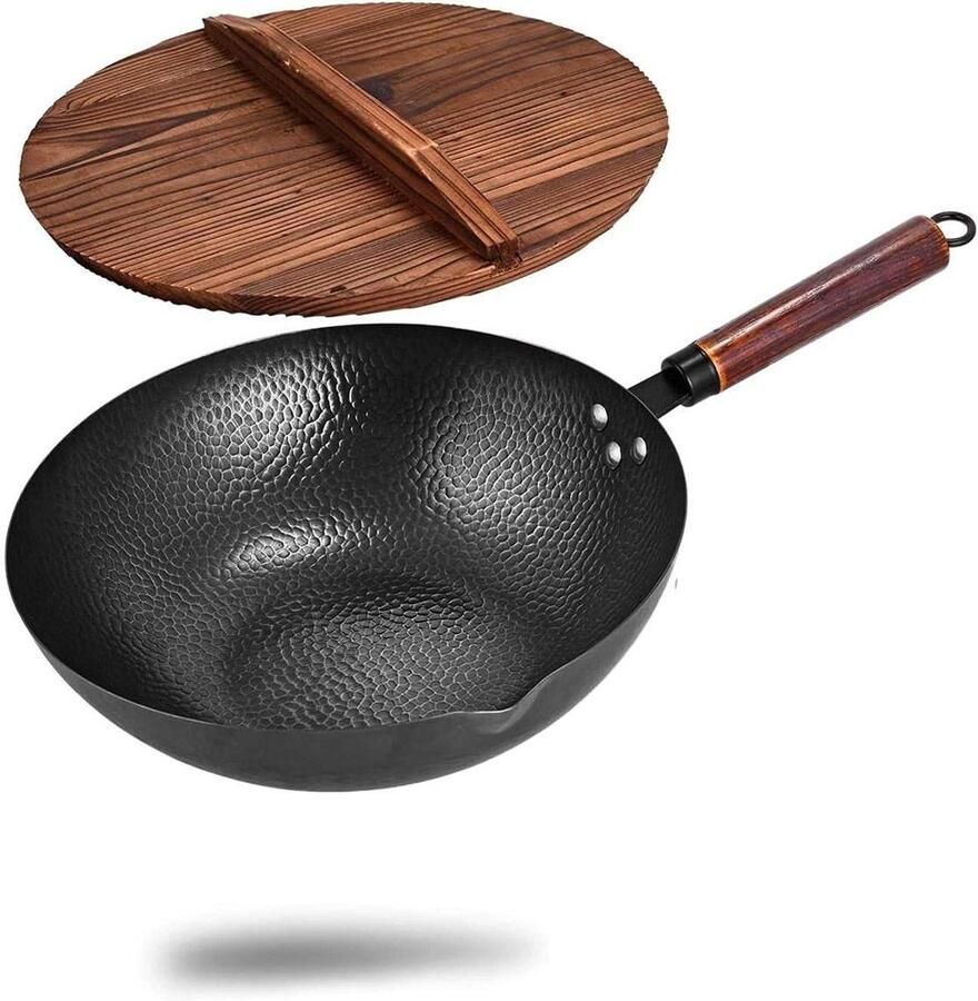 Wokpan Koolstofstaal Koekenpan Wok Aziatisch Koken Hand Gehamerd Oppervlak 33 cm Zwart