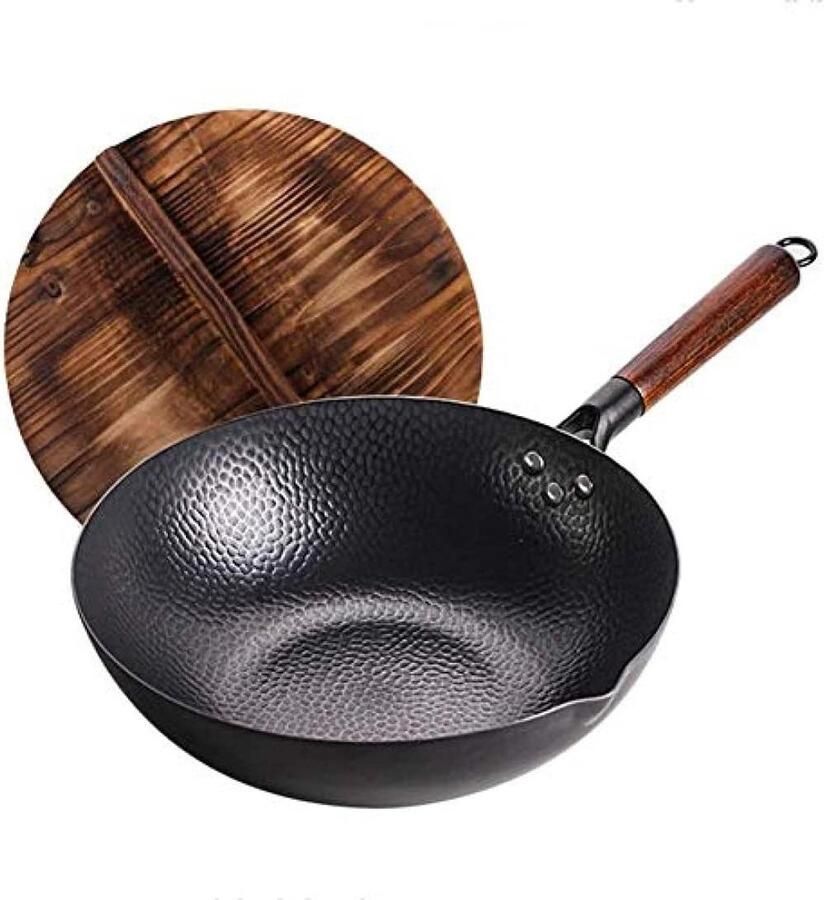 Wokpan Koolstofstaal Oosterse Koekenpan Traditioneel Koken Handmatig Gehamerd 30 cm Zwart