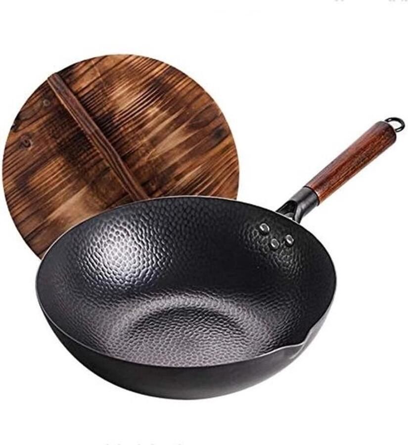 Wokpan Koolstofstaal Oosterse Pan Authentiek Koken Handgehamerd Ambacht 32 cm Diameter Zwart