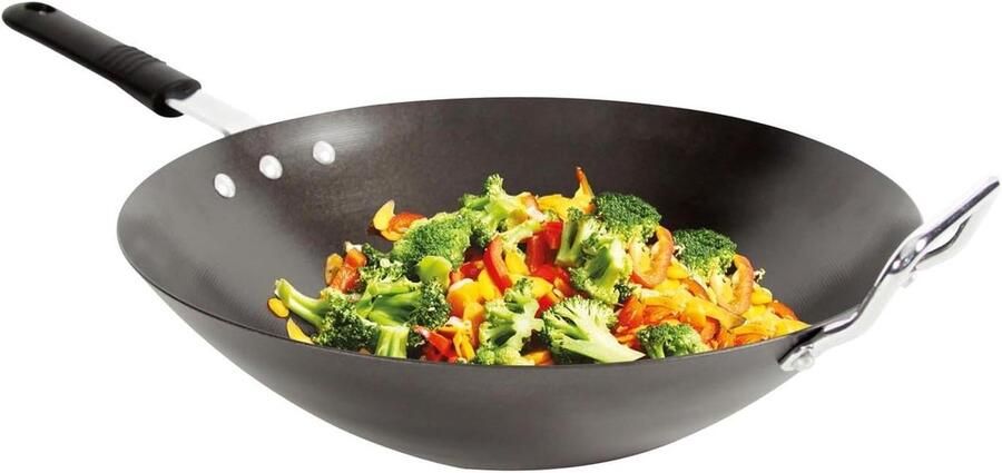 Wokpan Koolstofstaal Roerbakpan Aziatisch Koken Antiaanbaklaag 33 cm Zwart