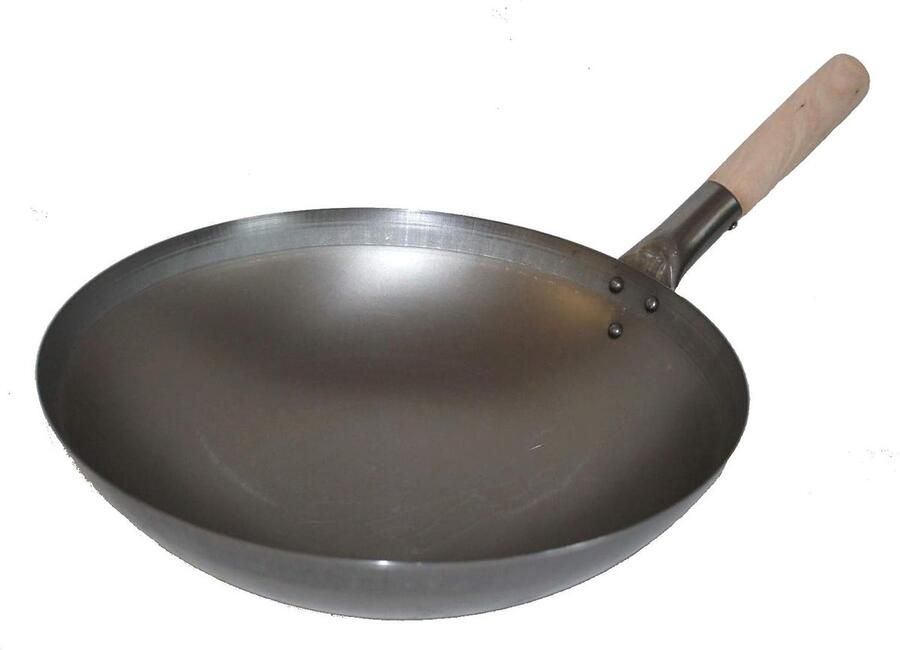 Wokpan Koolstofstaal Roerbakpan Aziatisch Koken Ronde Bodem 35 cm Zwart