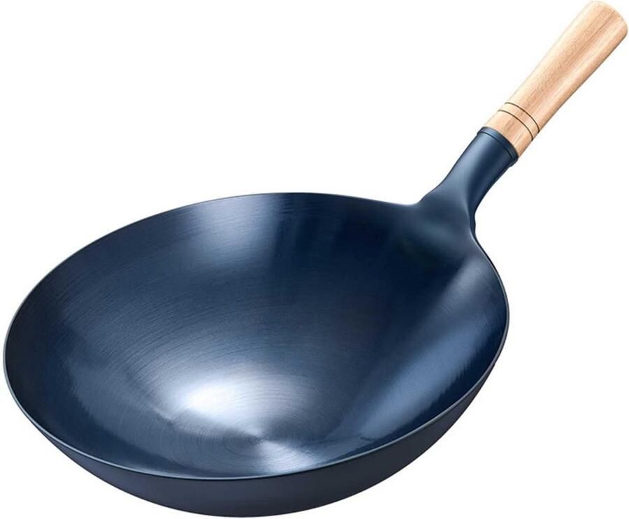 Wokpan Koolstofstaal Roerbakpan Chinees Professioneel Koken Handgehamerd Ontwerp 34 cm Zwart