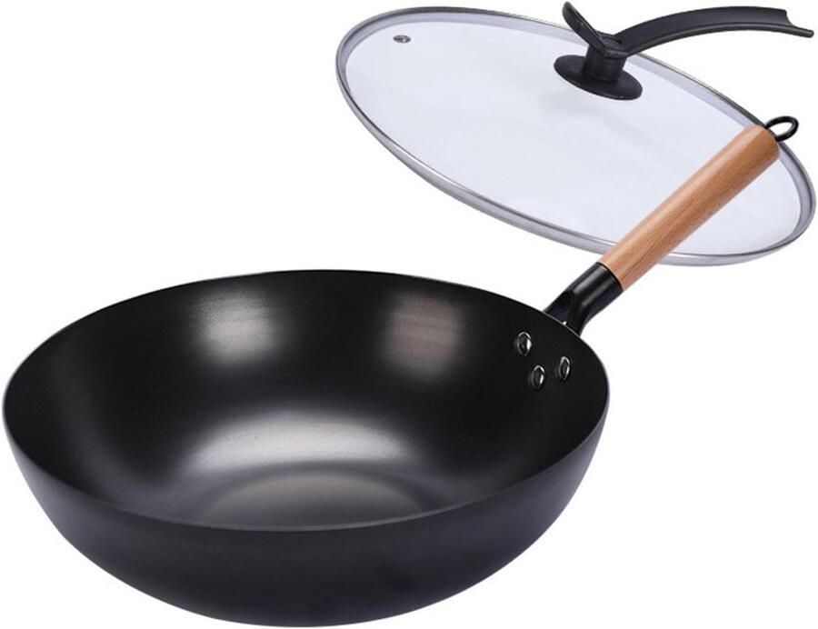 Wokpan Koolstofstaal Roerbakpan Chinese Gelijkmatig Koken Koelblijvende Handgreep 32 cm Zwart