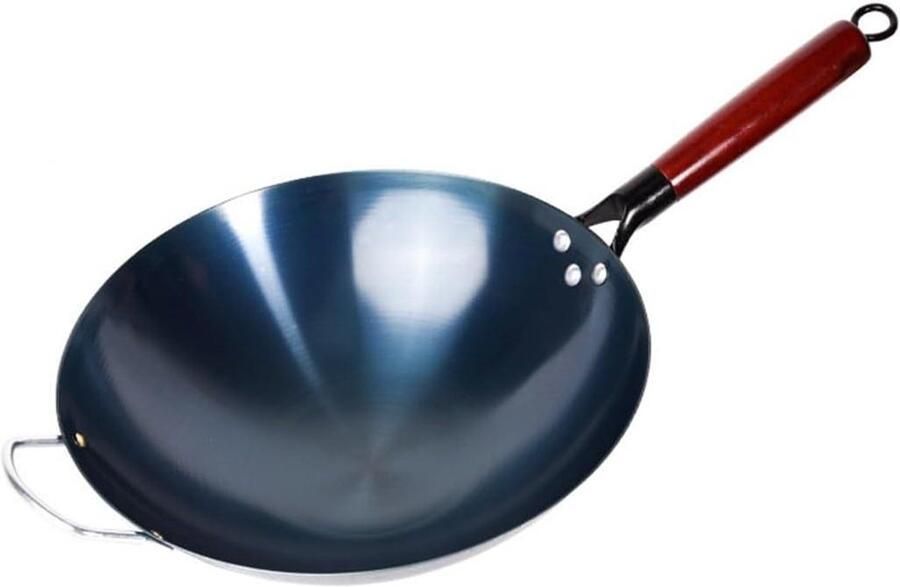 Wokpan Koolstofstaal Roerbakpan Chinese Wok Gezond Koken Antiaanbak Plat Bodem 36 cm Zwart