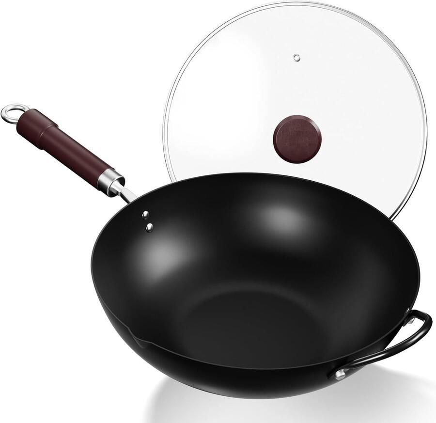 Wokpan Koolstofstaal Roerbakpan met deksel Aziatisch Koken Zonder Chemische Coating 32 cm Diameter Zwart