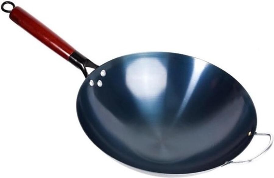 Wokpan Koolstofstaal Roerbakpan Snel Koken Platte Bodem 30cm Diameter Zwart