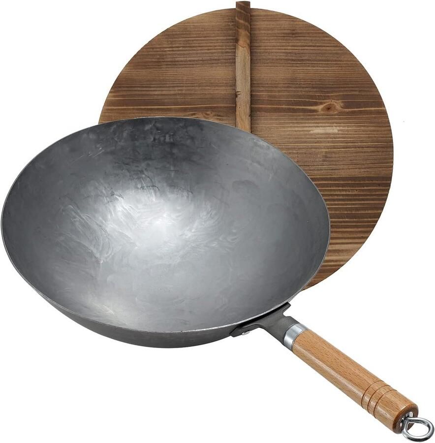 Wokpan Koolstofstaal Roerbakpan Traditioneel Aziatisch Koken Handgehamerd Ontwerp 32cm Diameter Zwart