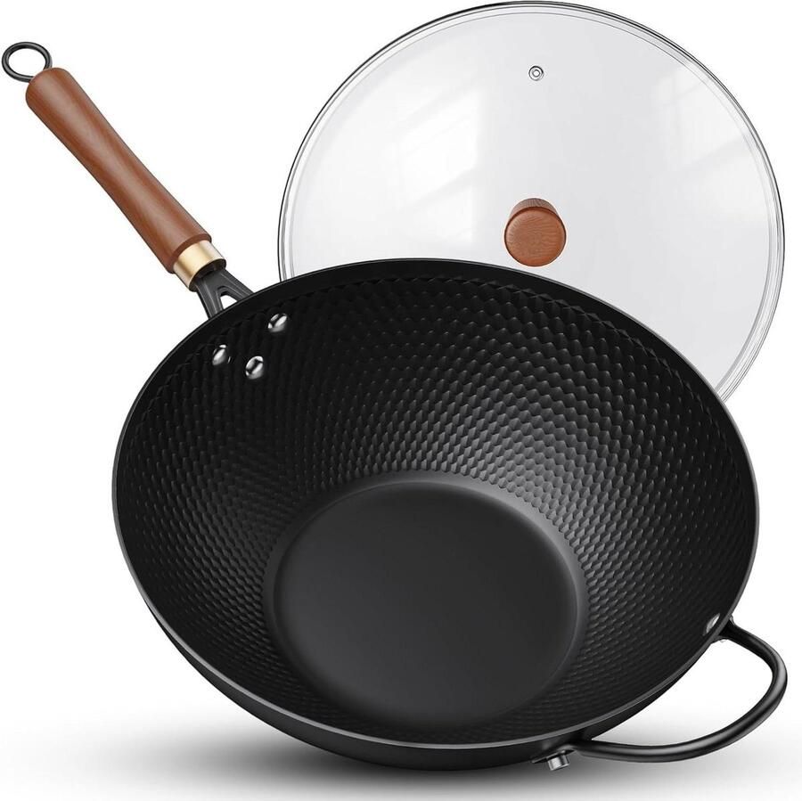 Wokpan Koolstofstaal Roerbakpan Wok Aziatisch Koken Chemievrije Coating 33 cm Zwart
