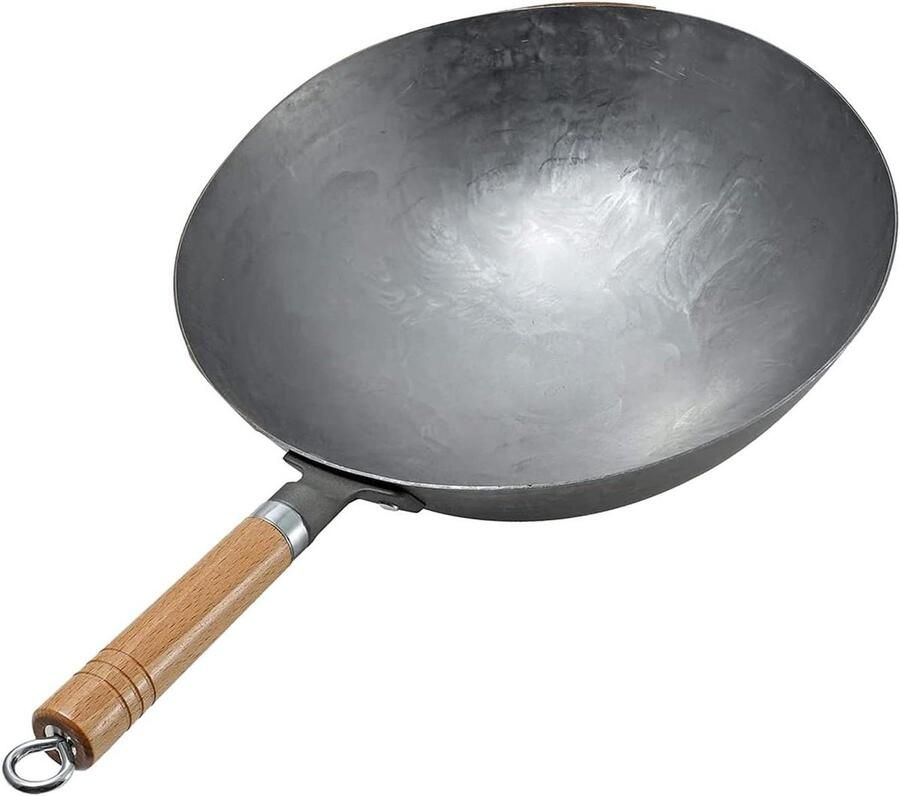 Wokpan Koolstofstaal Wok Gereedschap Aziatisch Koken Met de hand gehamerd 36 cm Zwart