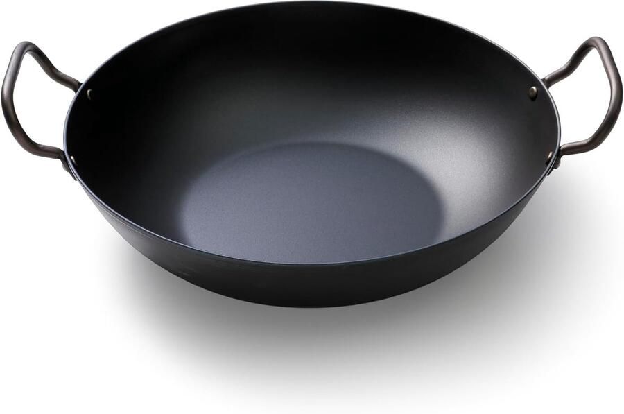 Wokpan Koolstofstaal Wok Wadjan Gezond Koken Voorgebrand PFAS-vrij 33 cm Zwart