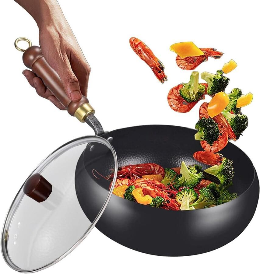 Wokpan met Antiaanbaklaag Braadwok Gietijzeren Pan Thuis en Buiten Koken Dynamische Oppervlaktestructuur 24 cm Hammerspatroon
