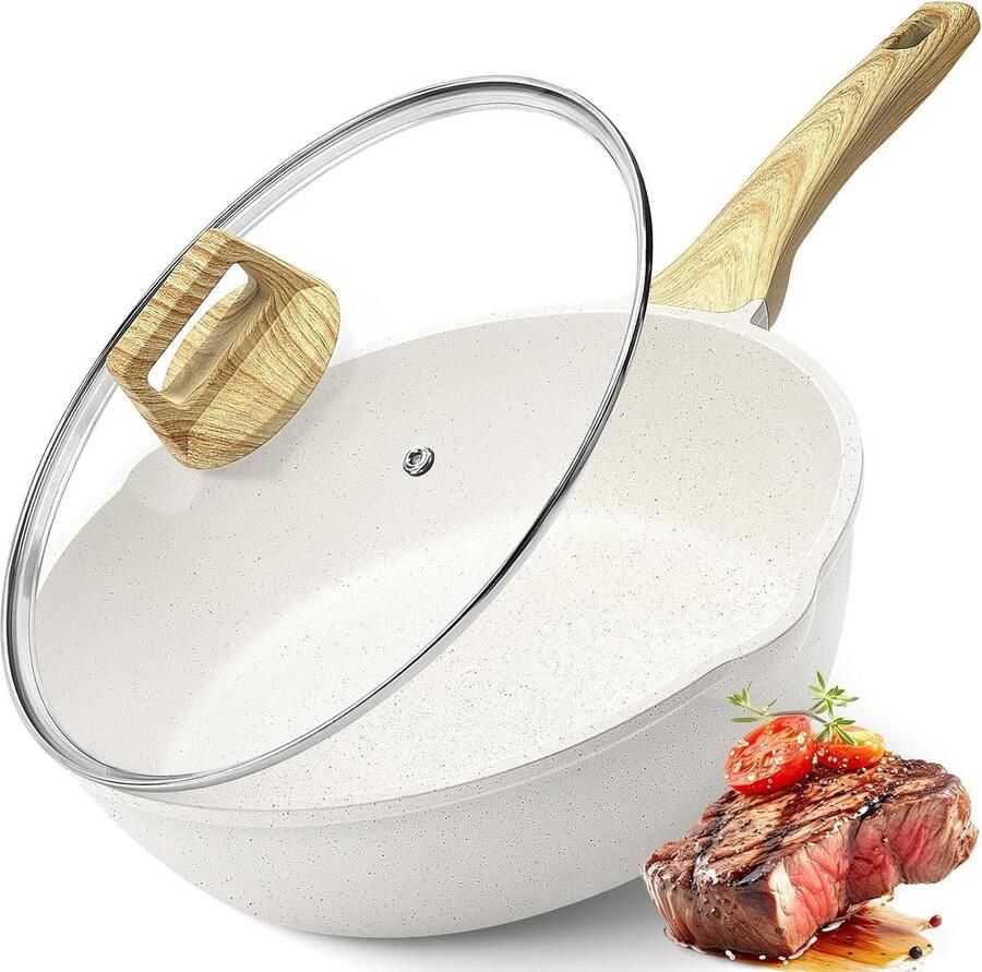 Wokpan met Deksel Antiaanbakpan Braadpan Gezond Koken Granieten Coating 28 cm 45L Wit