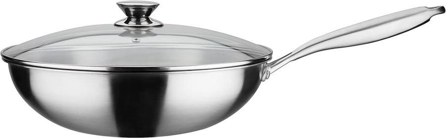 Wokpan met deksel Aziatische pan Veelzijdig koken Drie laags materiaal Diameter 32 cm Zilverkleurig