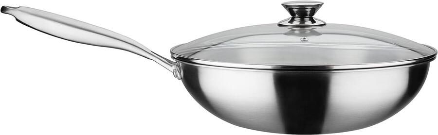 Wokpan met deksel Aziatische pan Veelzijdig koken Drie laags materiaal Diameter 32 cm Zilverkleurig