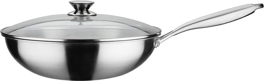 Wokpan met deksel Aziatische pan Veelzijdig koken Drielaags materiaal 32 cm diameter Zilverkleurig