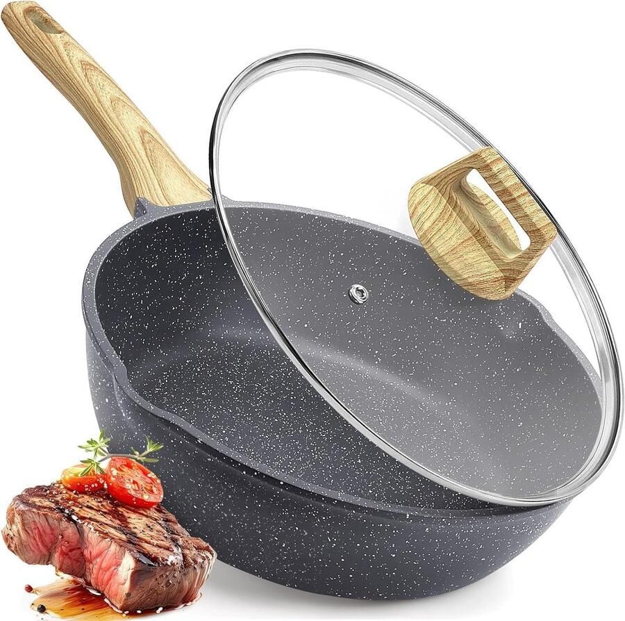 Roerbakpan met Deksel Wokpan Koekenpan Gezond Koken 5x Ultra Antiaanbaklaag 24 cm Grijs