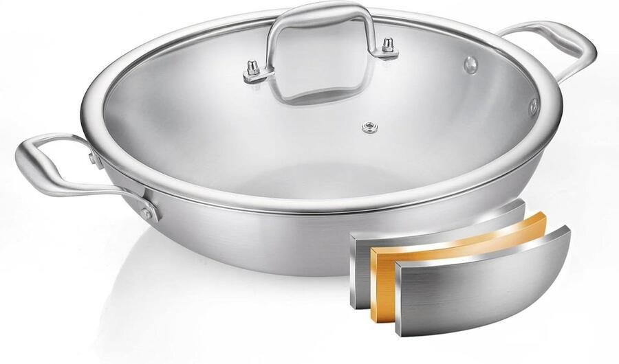 Wokpan met deksel Grote koekenpan Snel koken Tri-Ply RVS 30 cm Zilver