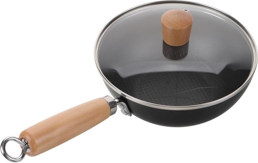 Wokpan met deksel Keukenwok koekenpan Roerbakken koken Smeedijzeren constructie 37cm lengte Zwart