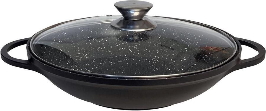 Wokpan met deksel Koekenpan Braadpan Aziatisch koken Hoge kwaliteit antiaanbaklaag 36 cm Zwart