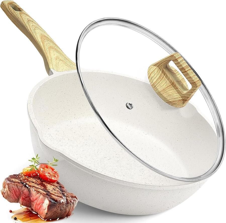 Wokpan met Deksel Koekenpan Braadpan Gezond Koken Granieten Antiaanbaklaag 4.5 Liter Wit