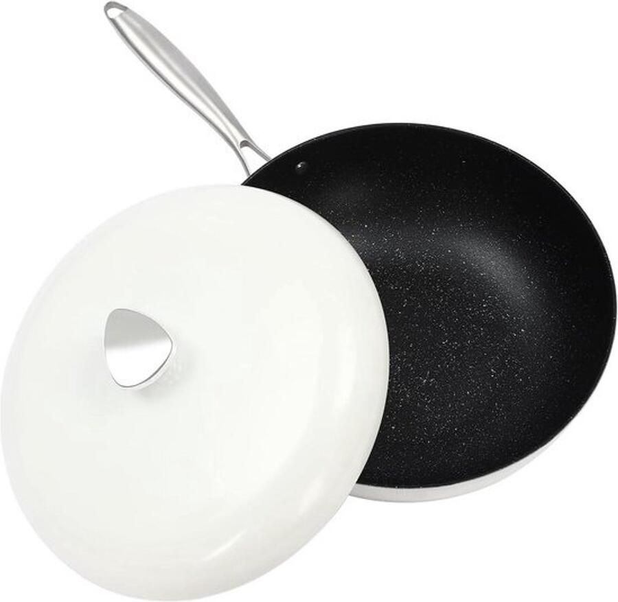 Wokpan met Deksel Koekenpan Braadpan Gezond Koken Maifan Steen Coating 32 cm Diameter Wit