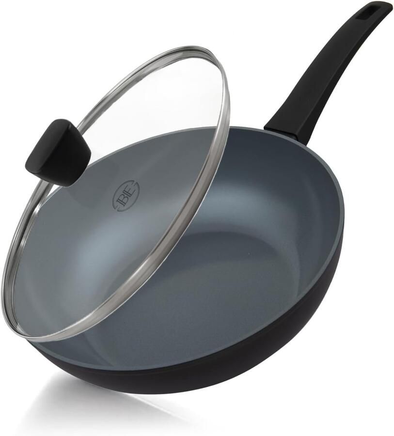 Wokpan met deksel Koekenpan Gezond koken Keramische antiaanbaklaag 28 cm Zwart