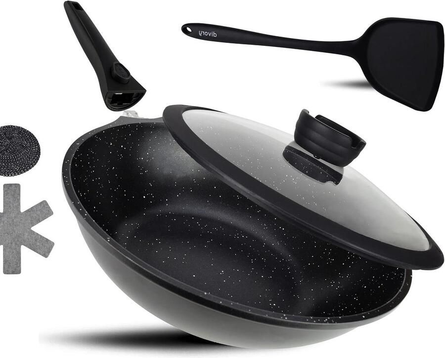 Wokpan met deksel Koekenpan Lekker koken Afneembare handgreep 30 cm Zwart