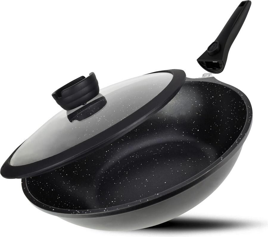 Wokpan met deksel Koekenpan Lekker koken Afneembare handgreep 30 cm Zwart